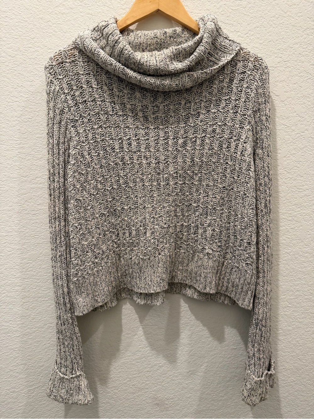 Free People Marled Grey Cowl Neck Ruffle Cuff Chunky Knit Sweater Medium